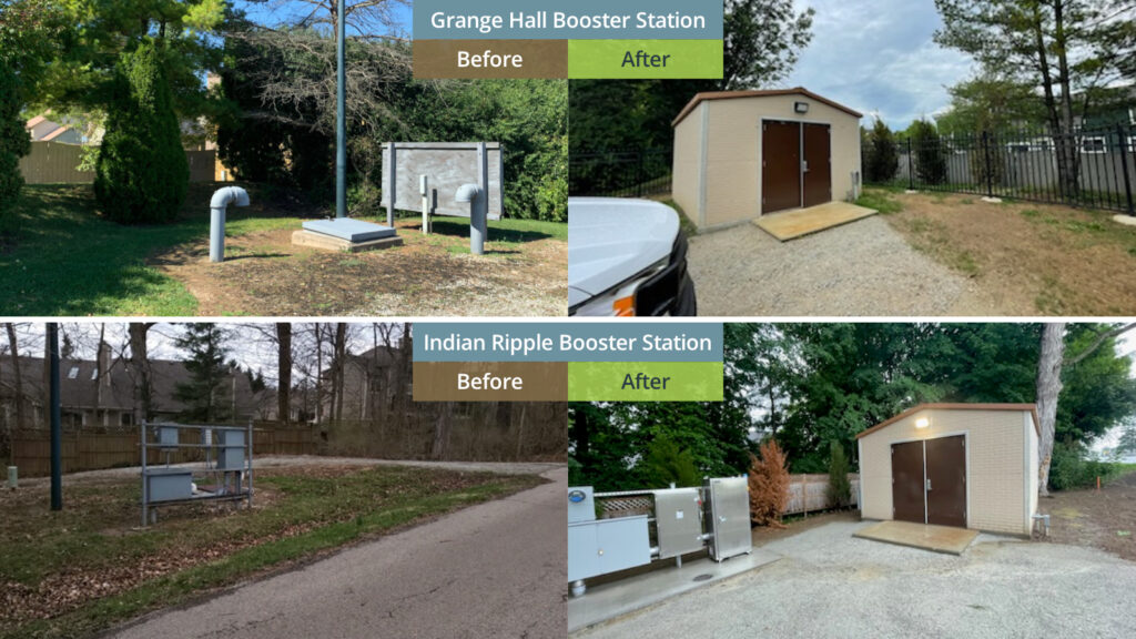 Before and after images of Grange Hall Booster Station and Indian Ripple Booster Station
